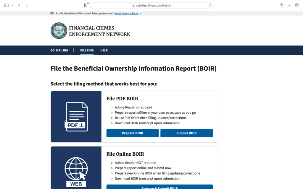 FinCEN BOIR homepage